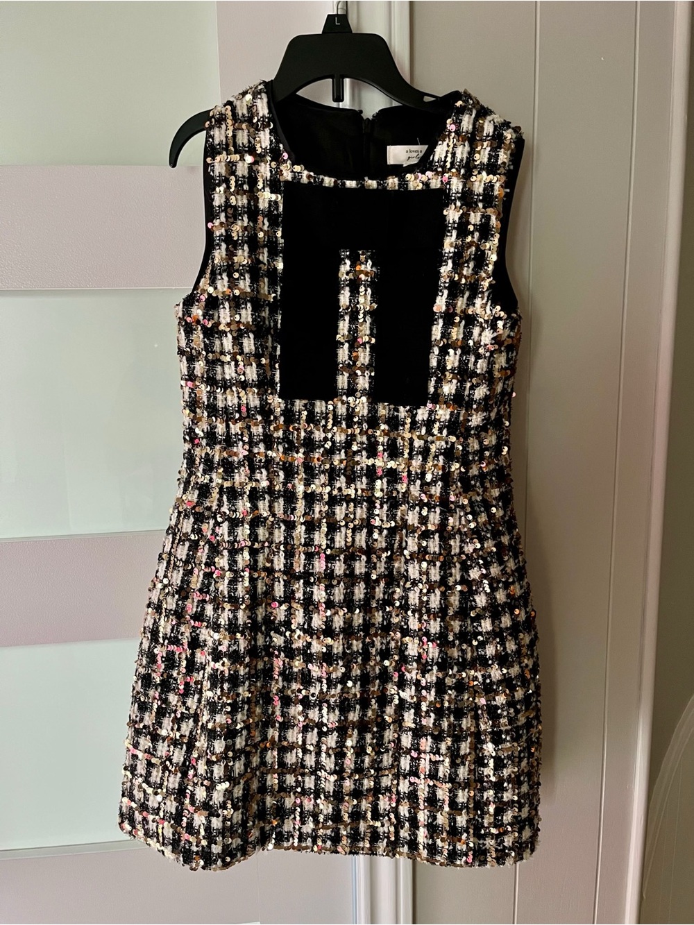 Black and Gold Tweed Fancy Girls A-Line Dress Black Bow Size 8-10